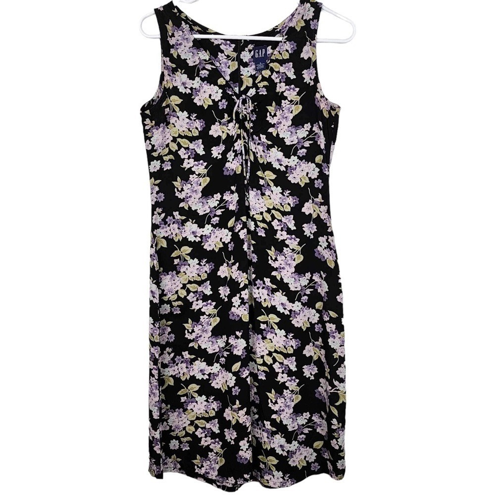 Vintage Gap Black Floral Sleeveless Rayon Sheath Dress Purple V-Neck Tie Front S